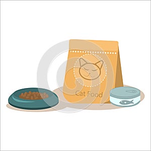 Vector illustration of a package of cat food with a bowl and canned food